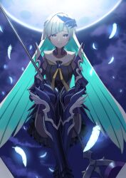 Rule 34 | 1girl, absurdres, aqua hair, arm armor, armored boots, asymmetrical bangs, black shirt, black skirt, blue hair, boots, brynhildr (fate), brynhildr romantia, fate/grand order, fate (series), floating, full moon, highres, holding, holding polearm, holding weapon, long hair, looking at viewer, moon, multicolored hair, pleated skirt, polearm, purple eyes, quill, shirt, skirt, solo, spear, two-tone hair, very long hair, weapon, ziu