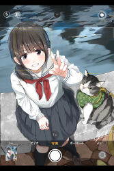 Rule 34 | 1girl, absurdres, black eyes, black socks, blush, brown hair, cat, clenched teeth, commentary request, day, feet out of frame, grey skirt, highres, kneehighs, letterboxed, long hair, long sleeves, looking at viewer, neckerchief, original, outdoors, pleated skirt, puffy sleeves, red neckerchief, sailor collar, school uniform, serafuku, shirt, sidelocks, signature, sitting, skirt, smile, socks, solo, soragane (banisinngurei), taking picture, teeth, v, variant set, viewfinder, water, white sailor collar, white serafuku, white shirt