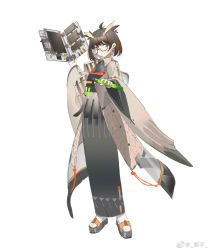 Rule 34 | 1girl, alternate costume, arknights, black-framed eyewear, black footwear, black kimono, brown hair, closed mouth, coat, collared coat, commentary, dong muxing, earrings, expressionless, feather hair, fingernails, full body, geta, grey coat, highres, holding, japanese clothes, jewelry, kimono, looking at viewer, machinery, obi, open clothes, open coat, orange eyes, sash, semi-rimless eyewear, short hair, silence (arknights), simple background, socks, solo, vial, weibo logo, weibo watermark, white background, white socks