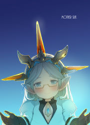 Rule 34 | 1girl, backlighting, black gloves, blue eyes, blush, commentary, english text, female focus, glasses, gloves, granblue fantasy, hairband, harvin, highres, juliet sleeves, long hair, long sleeves, looking at viewer, pointy ears, puffy sleeves, semi-rimless eyewear, smile, solo, upper body, walkalone, white hair, zahlhamelina