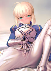 Rule 34 | 1girl, absurdres, ahoge, armor, armored boots, artoria pendragon (all), artoria pendragon (fate), besmiled, blonde hair, blue ribbon, blush, boots, breastplate, clitoral stimulation, closed mouth, commission, fate/stay night, fate (series), female masturbation, gauntlets, green eyes, hair ribbon, highres, juliet sleeves, knee boots, knee up, long sleeves, looking at viewer, lying, masturbation, masturbation through clothes, no panties, nose blush, on back, pants, pixiv commission, puffy sleeves, pussy, ribbon, saber (fate), see-through, short hair, sidelocks, smile, solo, spread legs, wet pants, white pants