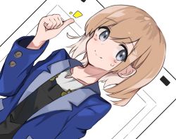 Rule 34 | 1girl, blue jacket, blush, brown hair, closed mouth, commentary request, dutch angle, grey eyes, hair between eyes, hand up, houjichaoic, jacket, long sleeves, looking at viewer, miyamori aoi, notice lines, open clothes, open jacket, overalls, shirobako, shirt, smile, solo, sweat, thumbs up, white background, white shirt