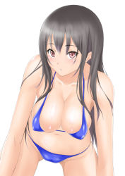 Rule 34 | 1girl, bikini, black hair, blush, breasts, cleavage, covered erect nipples, cowboy shot, leaning forward, long hair, looking at viewer, muffin (sirumeria), navel, original, parted lips, red eyes, simple background, solo, swimsuit