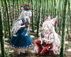 Rule 34 | 2girls, baggy pants, bamboo, bamboo forest, bamboo shoot, black footwear, blue dress, blue hair, bow, buttons, closed eyes, collared dress, collared shirt, commentary request, dress, forest, fujiwara no mokou, grin, hair bow, hat, highres, hisako (6anmbblfnjueeff), kamishirasawa keine, long hair, long sleeves, multicolored hair, multiple girls, nature, neckerchief, ofuda, ofuda on clothes, open mouth, pants, puffy short sleeves, puffy sleeves, red bow, red footwear, red neckerchief, red pants, shirt, shoes, short sleeves, sidelocks, sleeve garter, smile, socks, suspenders, tokin hat, touhou, two-tone hair, very long hair, white bow, white hair, white legwear, white shirt, yellow eyes