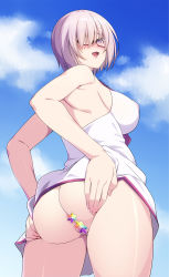 Rule 34 | 1girl, 846-gou, ass, back, bare shoulders, blue sky, breasts, censored, clothes lift, dress, dress lift, dress swimsuit, fate/grand order, fate (series), glasses, hair over one eye, highres, large breasts, light purple hair, looking at viewer, looking back, mash kyrielight, mash kyrielight (swimsuit of perpetual summer), novelty censor, one-piece swimsuit, open mouth, purple eyes, saint quartz (fate), short hair, sky, smile, solo, swimsuit, thighs, white one-piece swimsuit
