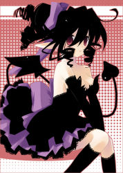 Rule 34 | 1girl, black hair, blush, breasts, character request, cleavage, curly hair, demon girl, demon tail, demon wings, frills, hair ribbon, original, pointy ears, red eyes, ribbon, sazaki ichiri, sitting, solo, source request, tail, wings