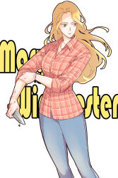Rule 34 | 1girl, animification, blonde hair, blood, blood on hands, bloody weapon, breasts, character name, denim, green eyes, holding, holding knife, jeans, knife, long hair, mary winchester, medium breasts, pants, plaid, plaid shirt, rolling sleeves up, rushi (mousang), shirt, sleeves rolled up, solo, supernatural (tv series), weapon