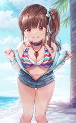 Rule 34 | 1girl, absurdres, banned artist, beach, bent over, bikini, bikini top only, bolbbangbbang, breasts, brown hair, choker, cleavage, closed mouth, collarbone, highres, idolmaster, idolmaster shiny colors, jacket, long hair, looking at viewer, medium breasts, multicolored bikini, multicolored clothes, navel, open clothes, open jacket, palm tree, red eyes, side ponytail, sidelocks, smile, solo, sonoda chiyoko, swimsuit, thigh gap, thighs, tongue, tongue out, tree