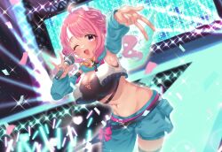 Rule 34 | 1girl, absurdres, boots, breasts, character request, concert, copyright request, highres, large breasts, microphone, navel, one eye closed, pink hair, seta makoto, stage, tagme, v, virtual youtuber
