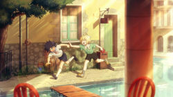 Rule 34 | 10s, 2boys, aged down, ahoge, black hair, blonde hair, blue eyes, blurry, blush, book, bridge, building, canal, chair, chasing, child, closed eyes, depth of field, fcc (fengcheche), green eyes, green shirt, holding, holding book, hyakuya mikaela, hyakuya yuuichirou, industrial pipe, kneehighs, lens flare, light rays, loafers, looking at another, looking back, male focus, multiple boys, neck ribbon, open mouth, outdoors, outstretched arm, owari no seraph, ribbon, running, shirt, shoes, short sleeves, shorts, sidewalk, smile, sneakers, socks, sunbeam, sunlight, town, tree, water, white legwear, white shirt, window