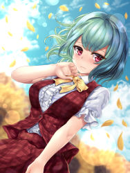 Rule 34 | 1girl, arm up, blue sky, blurry, blurry background, blush, cloud, commentary request, day, depth of field, dutch angle, embarrassed, flower, garden of the sun, green hair, kaeranu kaeru, kazami yuuka, lens flare, lens flare abuse, light frown, outdoors, petals, plaid, plaid skirt, plaid vest, puffy short sleeves, puffy sleeves, red eyes, ribbon, shirt, short hair, short sleeves, skirt, sky, solo, sunflower, tareme, touhou, vest, white shirt, yellow neckwear, yellow ribbon
