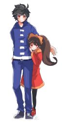 Rule 34 | 1boy, 1girl, ahoge, arm at side, artist name, ashley (warioware), behind another, belt, big hair, black hair, black pantyhose, blue pants, blush, closed mouth, clothes grab, denim, dot nose, dress, eyebrows, full body, grey footwear, hairband, hand in pocket, hiding, highres, hood, hood down, hooded jacket, jacket, jeans, long hair, long sleeves, looking at viewer, meiwari, neckwear request, nintendo, orange hairband, orange neckwear, outstretched arm, pants, pantyhose, parted lips, red dress, red eyes, red footwear, shoes, short hair, sidelocks, simple background, size difference, smile, sneakers, standing, sweat, twintails, v-shaped eyebrows, warioware, white background, witch, young cricket