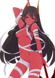 Rule 34 | 1girl, arm up, bandages, black hair, breasts, colored skin, demon girl, eligos, horns, long hair, looking at viewer, lord of vermilion, naked bandage, navel, polearm, red skin, sasakura, simple background, smile, solo, spear, weapon, white background