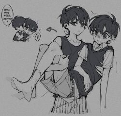Rule 34 | 2boys, carrying, closed mouth, english text, expressionless, kyannu, looking at viewer, multiple boys, omori, omori (omori), open mouth, princess carry, short hair, short sleeves, shorts, socks, speech bubble, sunny (omori)