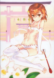 Rule 34 | 1girl, absurdres, bare shoulders, blurry, blurry foreground, blush, breasts, brown hair, collarbone, crop top, depth of field, detached sleeves, flower, hair between eyes, hair flower, hair ornament, hand on own stomach, highres, huge filesize, long sleeves, looking at viewer, microskirt, misaka mikoto, navel, parted lips, raika9, red eyes, ribbon-trimmed legwear, ribbon-trimmed skirt, ribbon-trimmed sleeves, ribbon trim, scan, simple background, sitting, skirt, sleeves past wrists, small breasts, solo, stomach, thighhighs, thighs, toaru kagaku no railgun, toaru majutsu no index, toeless legwear, torii, v-shaped eyebrows, white flower, white skirt, white sleeves, white thighhighs, yellow flower