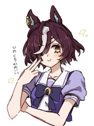 Rule 34 | &gt;:), 1girl, animal ears, black bow, bow, brown hair, closed mouth, collarbone, cropped torso, grey hair, hair over one eye, hide oo, horse ears, looking at viewer, multicolored hair, puffy short sleeves, puffy sleeves, purple shirt, shirt, short sleeves, simple background, smile, solo, sparkle, streaked hair, tanino gimlet (umamusume), translation request, umamusume, upper body, v-shaped eyebrows, white background, yellow eyes