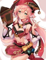 Rule 34 | 1girl, :d, antlers, aqua eyes, bare shoulders, book, commentary request, detached sleeves, genshin impact, hat, highres, holding, holding book, horns, index finger raised, long hair, long sleeves, midriff, navel, noi (noi nonnon), open mouth, pink hair, puffy sleeves, red hat, scarf, smile, solo, tongue, tongue out, yanfei (genshin impact)