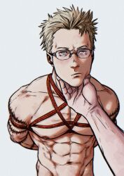 Rule 34 | 1boy, abs, absurdres, bara, blonde hair, completely nude, dorohedoro, from above, glasses, groin, hand on another&#039;s chin, highres, large pectorals, male focus, muscular, muscular male, navel, nipples, nude, pectorals, pout, pov, pov hands, red rope, rope, shibari, shin (dorohedoro), short hair, smokerichi, solo focus, spiked hair, stomach, underbust, upper body