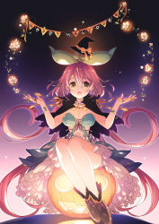 Rule 34 | 1girl, :d, black footwear, blush, breasts, brown eyes, capelet, english text, flower, gradient background, granblue fantasy, hair between eyes, halloween, happy halloween, hat, highres, jack-o&#039;-lantern, leaf, long hair, medium breasts, mizuno sao, monster girl, navel, open mouth, pink hair, plant, plant girl, shoes, sitting, smile, solo, very long hair, vines, witch hat, yggdrasil (granblue fantasy)