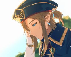 1girl, beret, blue eyes, blue headwear, brown hair, bush, close-up, closed mouth, collar, commentary request, earrings, hair ornament, hat, jewelry, link, long hair, long sleeves, looking down, nintendo, short ponytail, sidelocks, simple background, solo, the legend of zelda, the legend of zelda: breath of the wild, uniform, werlosk, white background