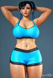 Rule 34 | 1girl, 3d, absurdres, breasts, capcom, chun-li, cleavage, highres, large breasts, ryu4life, shorts, solo, sports bra, street fighter, thick thighs, thigh gap, thighs