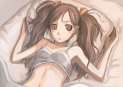 Rule 34 | 1girl, :o, bad id, bad pixiv id, bed sheet, brown eyes, brown hair, camisole, face, lying, navel, on back, original, pillow, solo, tank top, tea (nakenashi), twintails