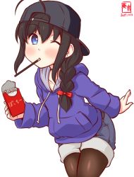 Rule 34 | 1girl, ahoge, backwards hat, baseball cap, black hair, black hat, black pantyhose, blue eyes, blush, braid, cowboy shot, dated, food, food in mouth, hair flaps, hair ornament, hair through headwear, hat, holding, holding food, holding pocky, hood, hooded jacket, incoming pocky kiss, jacket, kanon (kurogane knights), kantai collection, long hair, long sleeves, looking at another, mouth hold, one-hour drawing challenge, one eye closed, pantyhose, pocky, pocky day, purple jacket, red ribbon, ribbon, shigure (kancolle), shorts, single braid, solo