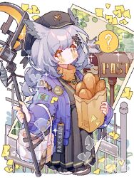 Rule 34 | 1girl, ?, arknights, badge, bag, baguette, black dress, blush, bread, bright pupils, dress, fence, food, gold trim, grey hair, hat, highres, holding, holding bag, holding staff, jacket, jewelry, knees out of frame, long hair, looking at viewer, necklace, orange eyes, paper bag, pixelated, plant request, pleated dress, ptilopsis (arknights), ptilopsis (serenity) (arknights), purple jacket, saucer (saucer752), solo, spoken question mark, staff, standing, star-shaped pupils, star (symbol), sweater, symbol-shaped pupils, tree, white pupils
