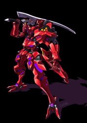 Rule 34 | absurdres, black background, glowing, heyzan, highres, holding, holding sword, holding weapon, mecha, muv-luv, muv-luv alternative, muv-luv alternative (anime), no humans, open hand, robot, science fiction, solo, standing, sword, tactical surface fighter, type 00 takemikazuchi, visor, weapon