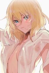 Rule 34 | 1girl, blonde hair, blue eyes, closed mouth, commentary, eyes visible through hair, girls und panzer, long sleeves, medium hair, messy hair, naked shirt, open clothes, open shirt, oshida (girls und panzer), shirt, simple background, solo, tan (inka), upper body, white background, white shirt