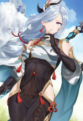 Rule 34 | 1girl, black gloves, blue eyes, blush, bodysuit, braid, breasts, clothing cutout, covered navel, elbow gloves, genshin impact, gloves, hair ornament, hair over one eye, highres, hip vent, large breasts, long hair, long sleeves, looking at viewer, low-braided long hair, low-tied long hair, nail polish, partially fingerless gloves, puffy long sleeves, puffy sleeves, shenhe (genshin impact), shigure s, shoulder cutout, silver hair, solo, tabard, tassel, thighs, very long hair