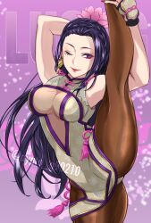 Rule 34 | 1girl, breasts, earrings, highres, jewelry, large breasts, leg lift, long hair, luong, one eye closed, purple eyes, purple hair, snk, solo, the king of fighters