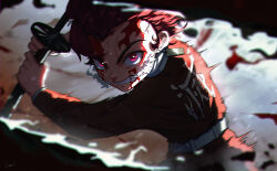 Rule 34 | 1boy, absurdres, belt, blood, blood on face, blurry, clenched teeth, commentary, cuts, demon slayer uniform, depth of field, earrings, english commentary, hanafuda earrings, highres, holding, holding sword, holding weapon, injury, japanese clothes, jewelry, kamado tanjirou, katana, kimetsu no yaiba, long sleeves, male focus, red eyes, sartg, scar, scar on face, scar on forehead, serious, short hair, slashing, solo, steam, steam from mouth, sweat, sword, teeth, veins, weapon, white belt