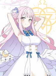 Rule 34 | 1girl, angel wings, armpits, blue archive, blush, breasts, closed mouth, dress, feathered wings, flower, hair bun, hair flower, hair ornament, halo, highres, kousuke0912, long hair, looking at viewer, medium breasts, mika (blue archive), pink hair, pink halo, purple flower, single side bun, smile, solo, white dress, white wings, wings, yellow eyes