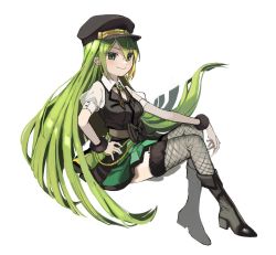 Rule 34 | 1girl, alina gray, black footwear, black hat, black skirt, black thighhighs, commentary, fishnet thighhighs, fishnets, fold-over boots, fur cuffs, fur trim, green eyes, green hair, green skirt, hat, highres, long hair, looking at viewer, magia record: mahou shoujo madoka magica gaiden, mahou shoujo madoka magica, multicolored clothes, multicolored skirt, peaked cap, pleated skirt, roseziny, skirt, smile, solo, striped clothes, striped skirt, symbol-only commentary, thighhighs, vertical-striped clothes, vertical-striped skirt