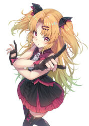 Rule 34 | 1girl, :o, akatsuki uni, black gloves, black shirt, black skirt, black thighhighs, blonde hair, bow, gloves, hair ornament, hairclip, highres, indie virtual youtuber, long hair, looking at viewer, multicolored clothes, multicolored shirt, multicolored skirt, partially fingerless gloves, pleated skirt, pointing, red bow, red eyes, red shirt, red skirt, shirt, skirt, sleeveless, sleeveless shirt, solo, tenton (henatyo), thighhighs, twintails, vampire, variant set, very long hair, virtual youtuber, white background