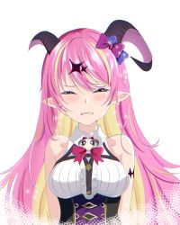 Rule 34 | 1girl, absurdres, bare shoulders, blonde hair, blue bow, blush, bow, breasts, chest harness, chromatic aberration, closed eyes, collared shirt, commentary request, crying, demon horns, hair between eyes, hair bow, hair ornament, harness, higeji (higeji404), highres, hololive, horns, long hair, mano aloe, medium breasts, multicolored hair, pink hair, pointy ears, purple bow, shirt, solo, two-tone hair, upper body, virtual youtuber, white background, wing collar