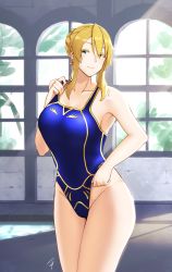 Rule 34 | 1girl, adjusting clothes, adjusting swimsuit, alternate costume, artoria pendragon (all), artoria pendragon (fate), artoria pendragon (lancer) (fate), blonde hair, blue one-piece swimsuit, braid, braided bun, breasts, collarbone, colored eyelashes, competition swimsuit, cowboy shot, earrings, fate/grand order, fate (series), green eyes, hair between eyes, hair bun, hayabusa, highleg, highleg swimsuit, jewelry, large breasts, lips, looking at viewer, mature female, one-piece swimsuit, pool, poolside, saber (fate), sidelocks, smile, solo, strap lift, swept bangs, swimsuit, thighs