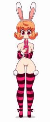 Rule 34 | 1girl, anger vein, animal ears, animated, animated gif, bare shoulders, breasts, brown hair, cellphone, dated, detached sleeves, diives, highres, hunter x hunter, looking at phone, nipples, patreon username, phone, pink thighhighs, piyon (hunter x hunter), purple eyes, pussy, rabbit ears, rabbit tail, short hair, solo, squatting, standing, striped clothes, striped sleeves, striped thighhighs, tail, thighhighs, uncensored, white background