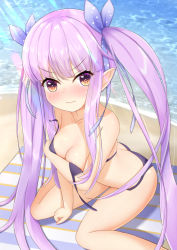 Rule 34 | 1girl, angry, annoyed, ass, beach, beach towel, bikini, black bikini, blush, breasts, brown eyes, butt crack, cleavage, covering privates, covering breasts, elf, highres, kyoka (princess connect!), long hair, looking at viewer, medium breasts, nc731, ocean, pointy ears, princess connect!, princess connect!, purple hair, ribbon, sitting, solo, swimsuit, towel, twintails, untied, very long hair, water
