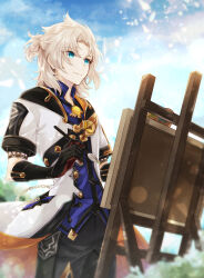 Rule 34 | 1boy, absurdres, albedo (genshin impact), black gloves, black pants, blue eyes, blue shirt, blue sky, blurry, blurry background, bush, canvas (object), closed mouth, day, easel, gem, genshin impact, gloves, gold trim, grey hair, hair between eyes, hand up, highres, holding, holding brush, holding palette, hood, hoodie, looking at object, male focus, mandarin collar, mizuamememe, open clothes, open hoodie, outdoors, paintbrush, palette (object), pants, ponytail, red gloves, shirt, short hair, short ponytail, short sleeves, sky, smile, solo, standing, two-tone gloves, vision (genshin impact), white hoodie, yellow gemstone