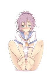 Rule 34 | 10s, 1girl, aoba (kancolle), aqua eyes, arms between legs, barefoot, blush, bottomless, covering privates, covering crotch, feet, foreshortening, groin, hair ornament, kantai collection, looking at viewer, no panties, perspective, ponytail, purple hair, sawamura aoi, school uniform, short hair, soles, solo, thighs, toe scrunch, toenails, toes