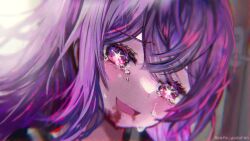 Rule 34 | 1girl, artist name, blood, blood from mouth, blush, commentary request, crossed bangs, crying, crying with eyes open, door, eyelashes, hair between eyes, highres, hoshino ai (oshi no ko), indoors, long hair, looking at viewer, multicolored eyes, multicolored hair, open mouth, oshi no ko, pafe yuzuran, pink eyes, pink hair, purple eyes, purple hair, smile, solo, spoilers, star-shaped pupils, star (symbol), symbol-shaped pupils, tears, tongue, two-tone hair, upper body, wall, window