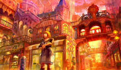 Rule 34 | 3boys, 3girls, apron, architecture, bad id, bad pixiv id, bridge, building, chair, city, cityscape, clock, cloud, colorful, crossed arms, dress, green eyes, hat, kaitan, lights, long hair, mailbox, multiple boys, multiple girls, original, railing, road, scenery, short hair, sign, sky, stairs, storefront, street, sunlight, sunset, window