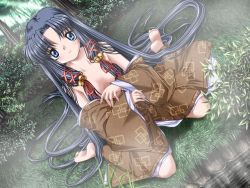 00s 1girl air_(visual_novel) bell blue_hair dutch_angle female_focus game_cg hinoue_itaru japanese_clothes jpeg_artifacts kannabi_no_mikoto long_hair solo topless