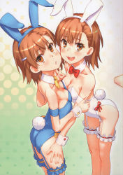 Rule 34 | 2girls, :3, :d, absurdres, alternate costume, animal ears, arched back, arm grab, arm strap, ass, asymmetrical docking, back, bare back, bare shoulders, black background, blue hairband, blue leotard, blush, bow, bowtie, breast press, breasts, bridal garter, brown eyes, brown hair, cleavage, collarbone, cowboy shot, detached collar, embarrassed, eyebrows, fake animal ears, fake tail, frills, from side, garter straps, gradient background, green background, hair ornament, hairband, hairclip, halftone, halftone background, hand up, head tilt, highres, holding hands, huge filesize, leaning forward, legs together, leotard, looking at viewer, looking back, medium breasts, misaka imouto, misaka mikoto, multiple girls, open mouth, parted lips, playboy bunny, rabbit ears, rabbit tail, raika9, raised eyebrows, red bow, red neckwear, scan, short hair, siblings, sideboob, simple background, sisters, small breasts, smile, standing, strapless, strapless leotard, tail, thigh gap, thigh grab, thighs, toaru kagaku no railgun, toaru majutsu no index, twins, white hairband, white leotard, wrist cuffs, yellow bow, yellow neckwear