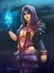 Rule 34 | 1girl, bikini, bikini top only, blue eyes, blue fire, bracelet, breasts, cleavage, clenched hand, dragon age, dragon age: origins, fingerless gloves, fire, gloves, jewelry, long hair, morrigan (dragon age), necklace, pteruges, skuldk1, solo