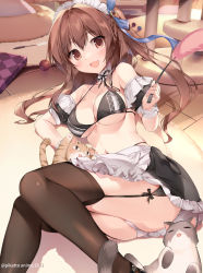 Rule 34 | 1girl, :d, animal, apron, ass, bare shoulders, bikini, bikini top only, black bikini, black skirt, braid, breasts, brown eyes, brown hair, brown thighhighs, cat, cat teaser, choker, cleavage, detached sleeves, frilled choker, frilled skirt, frills, garter straps, halterneck, highres, holding, karory, large breasts, long hair, looking at viewer, lying, maid, maid apron, maid bikini, maid headdress, medium breasts, midriff, miniskirt, navel, on back, open mouth, original, panties, revealing clothes, skirt, smile, solo, stomach, string bikini, swimsuit, thighhighs, thighs, twitter username, unconventional maid, underwear, waist apron, white panties