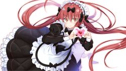Rule 34 | 1girl, :&lt;, absurdres, apron, black bow, black bowtie, black ribbon, black skirt, blush, bow, bowtie, breasts, cocoa (nikke), frills, goddess of victory: nikke, hair between eyes, hair bow, hair ornament, hair ribbon, heart, heart hands, highres, juliet sleeves, lolita fashion, long hair, long sleeves, maid, maid apron, maid headdress, multiple hair bows, nakama daichi, orange outline, outline, petticoat, puffy sleeves, red hair, ribbon, sidelocks, simple background, skirt, small breasts, solo, twintails, white background, yellow eyes