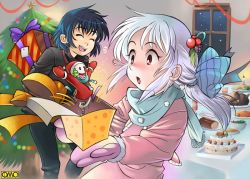 Rule 34 | blue hair, christmas, christmas tree, degawa tetsudou, food, gift, jack-in-the-box, laughing, mittens, omc, scarf, surprised, white hair